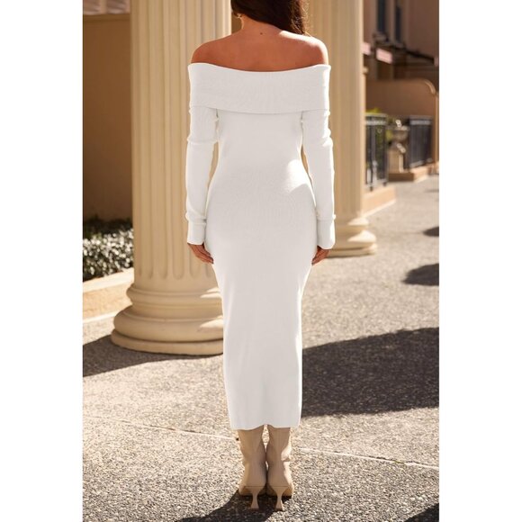 Merokeety Women's White Off Shoulder Long Sleeve Elegant Bodycon Midi Dress - Picture 4 of 9